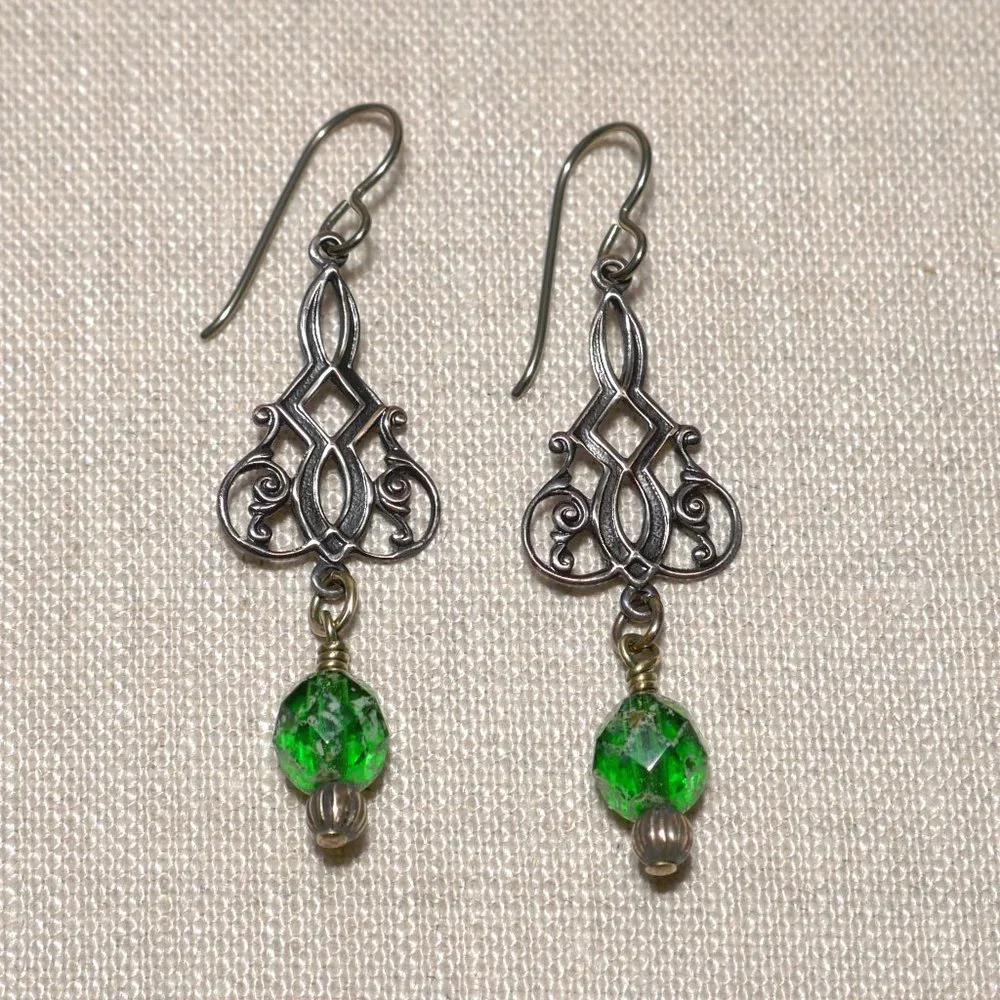 Hand Crafted Handmade Earrings Brass Filigree & Green Czech Glass Bead E… - Picture 1 of 4